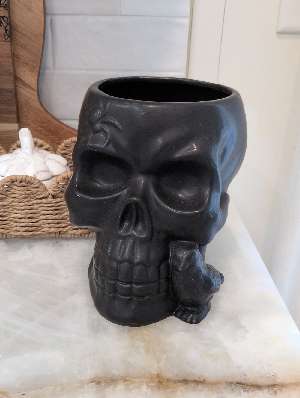 Matte Black Skull Decorative Vase